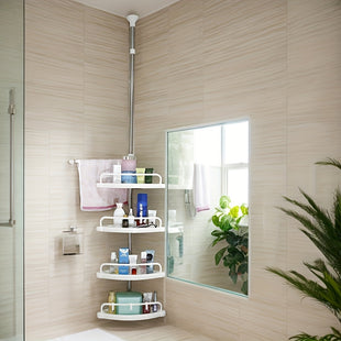 Étagère d'Angle Extensible à 4 Niveaux avec Plateau Réglable et Porte-Serviette Pivotant, Installation Facile Sans Perçage, Étagère Murale Moderne en Plastique Blanc pour Salle de Bain, Adaptée aux Essentiels et Accessoires