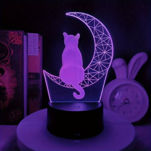 Pack Individuel, Veilleuse Chaton de Lune en 3D avec Fonction Tactile Changeante pour Amoureux des Animaux et des Animaux Domestiques, Lampe Décorative Créative Phosphorescente à Double Alimentation USB pour Chambre de Jeu, Lumière de Nuit Confortable Co