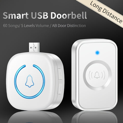 1 kabelloses Türklingelset, bestehend aus 60 umschaltbaren Klingelmelodien, 5-stufiger Lautstärkeregelung, intelligenter Türklingel, kabelloser USB-Türklingel, Seniorenalarm, kabelloser Türklingel