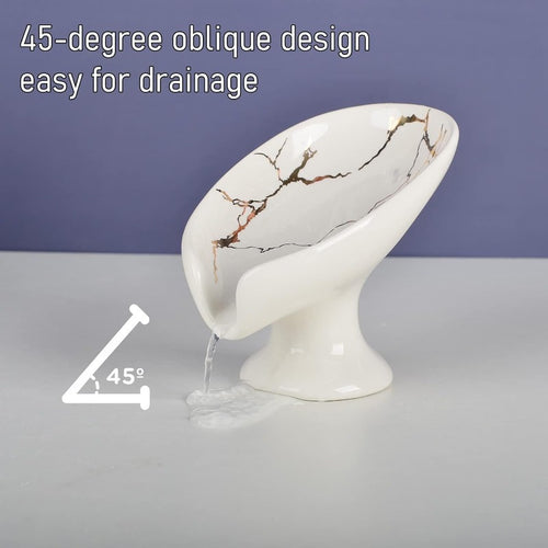 1pc Porte-Savon en Céramique Blanche Marbrée avec Conception Auto-Débordante - Accessoire de Salle de Bain en Forme de Feuille pour un Nettoyage Facile