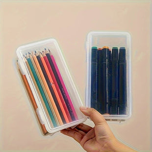 4 Boîtes de Rangement en Plastic Transparent Grand Format mit Couvercles à Charnières - Conception Pliable, Finish Polie pour l'Organisation Scolaire et de Bureau - Organisateur Transparent pour Stylos &amp; Crayons, Marqueurs, Pinceaux de Maquillage, F