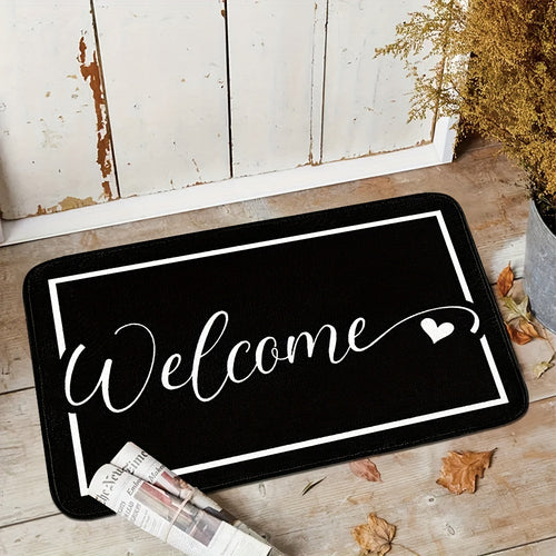 1pièce Tapis de bienvenue noir avec lettres blanches - Antidérapant, facile à nettoyer, lavable en machine, tissu en polyester tricoté, couche d'éponge haute densité et points en PVC pour une prise en main sécurisée - Parfait pour une utilisation intérie