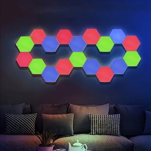 Sechseckiges, intelligentes Heimdekorationsset mit LED-Beleuchtung, geometrischer Bastelkombination, AAA-Stahlbatterie (ohne Säule), kreativer RGB-Wandleuchte für stimmungsvolle RGB-Dekoration, einfach zu installieren, Steckdose