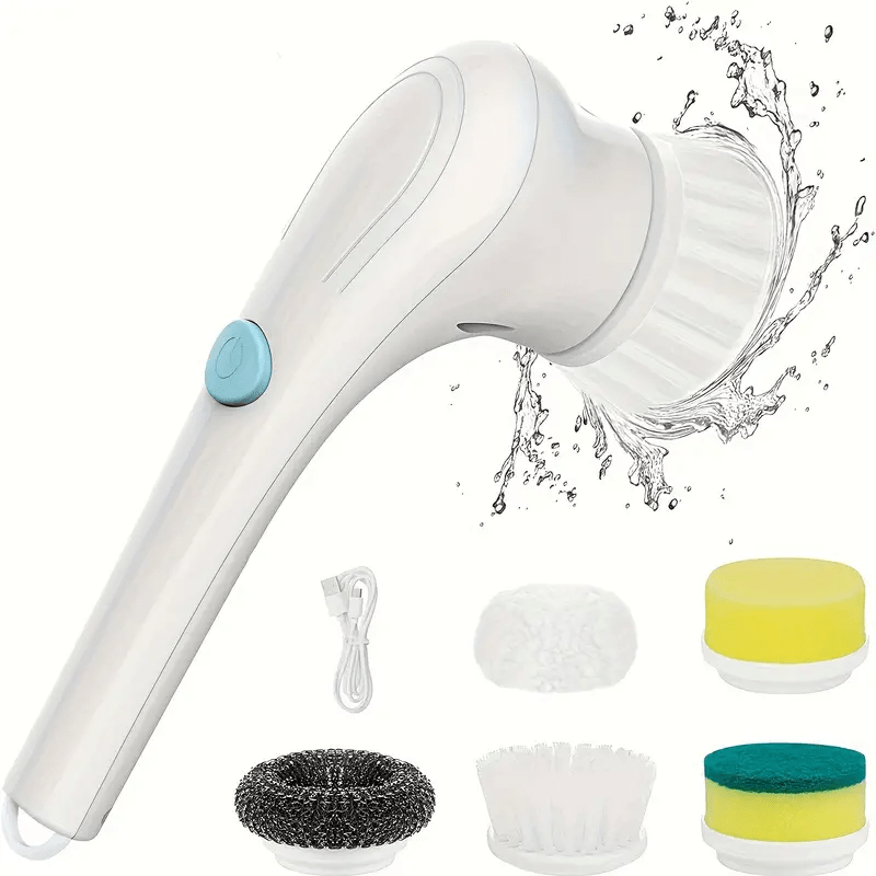 Brosse électrique rotative multifonction avec 5 têtes interchangeables - Set rechargeable de brosses de nettoyage, dureté moyenne, USB - Idéale pour salle de bain, cuisine, chambre, salon, toilettes - Kit de nettoyage ménager avec manche