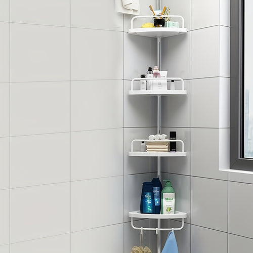 Mensola angolare espandibile a 4 ripiani con ripiano regolabile e barra portasciugamani girevole, facile da installare senza forare, moderna mensola da parete per bagno in plastica bianca, adatta per oggetti essenziali e accessori.