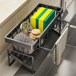 1 Étagère pour Évier de Cuisine, Porte-Savonnettes, Râtelier à Éponge pour Robinet, Organisateur pour Éviers, Savon, Brossé, Serviette, Grattoir, Égouttoir pour Torchons, Étagère à Épices Sans Perçage, Specifique aux Hôtels