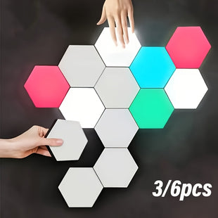 Sechseckiges, intelligentes Heimdekorationsset mit LED-Beleuchtung, geometrischer Bastelkombination, AAA-Stahlbatterie (ohne Säule), kreativer RGB-Wandleuchte für stimmungsvolle RGB-Dekoration, einfach zu installieren, Steckdose