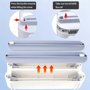 Verteiler von 3-in-1-Frischhaltefolie, Magnet-Organizer und -Coupeur für Wand-Folienfolie, transparente Kunststoff-Konzeption für Frischhaltefolie und Aluminium, ideal für die Verwendung zu Hause und im Restaurant, Organisation von Lebensmitteln