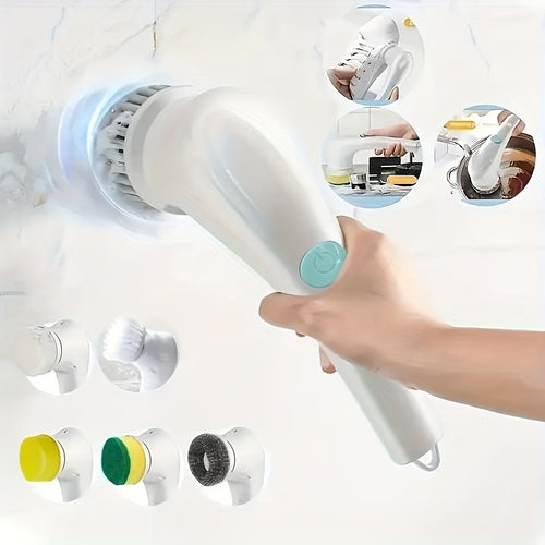 Brosse électrique rotative multifonction avec 5 têtes interchangeables - Set rechargeable de brosses de nettoyage, dureté moyenne, USB - Idéale pour salle de bain, cuisine, chambre, salon, toilettes - Kit de nettoyage ménager avec manche